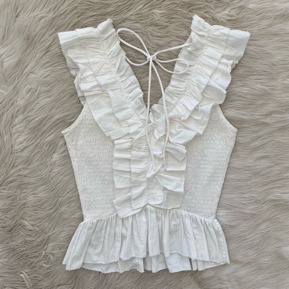 Love The Label Zephyr Top White Smocked Ruffled Neckline Sleeveless Tank Shirt S - Picture 6 of 9